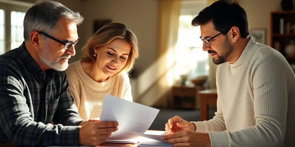 Family discussing financial plans around a table.