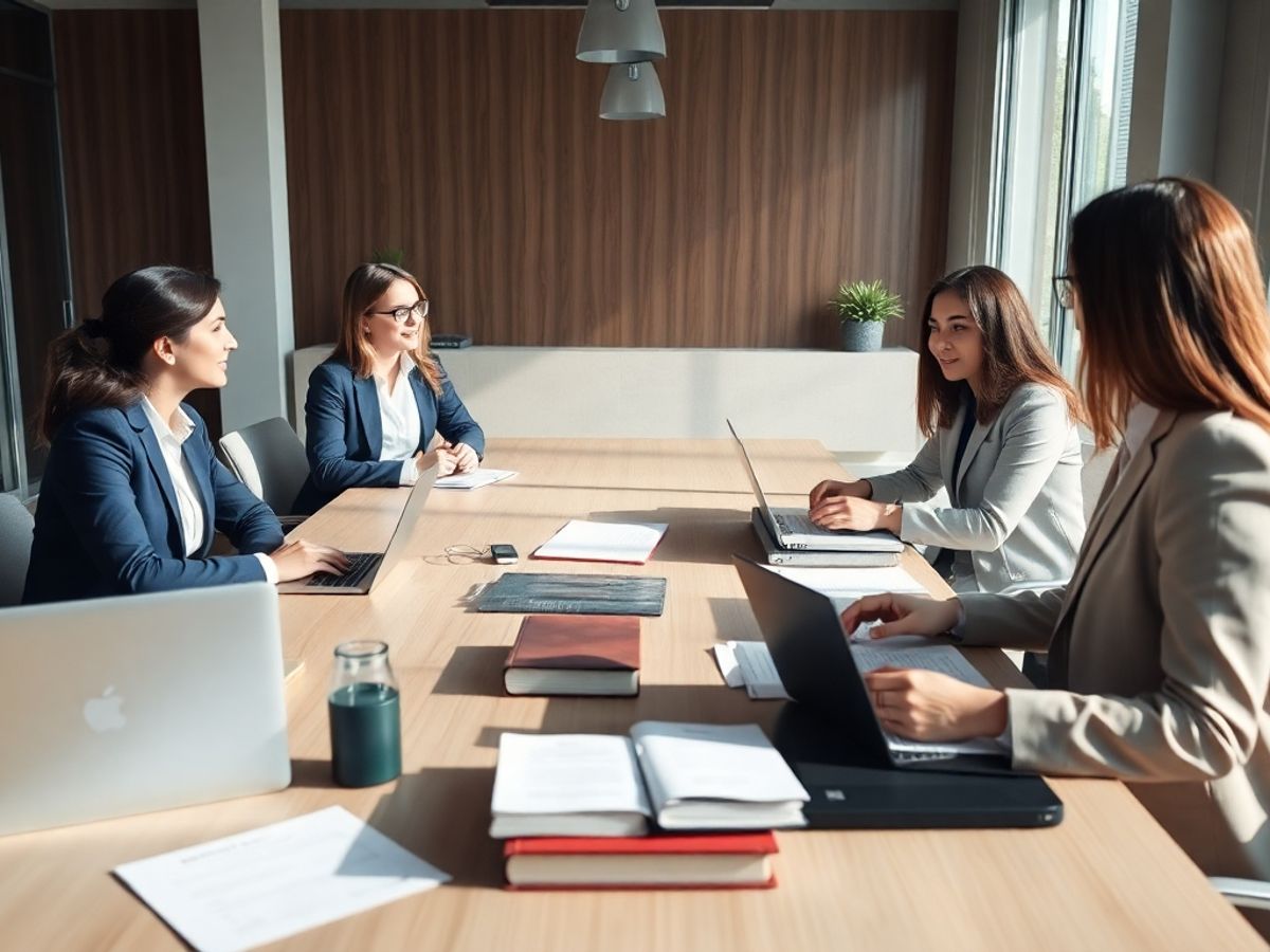 Avocați discutând despre dreptul comercial într-o sală de conferință.