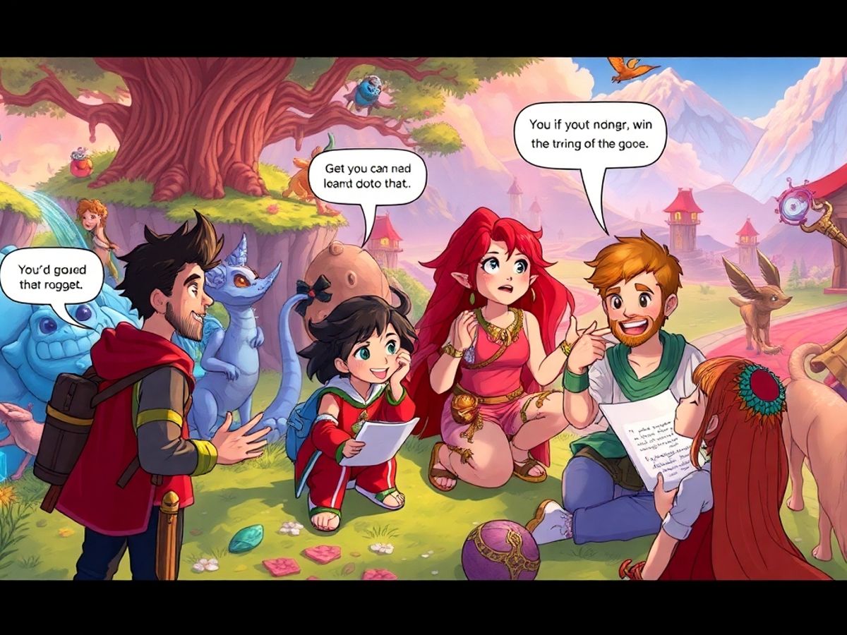 Diverse characters in a fantasy game world interacting together.