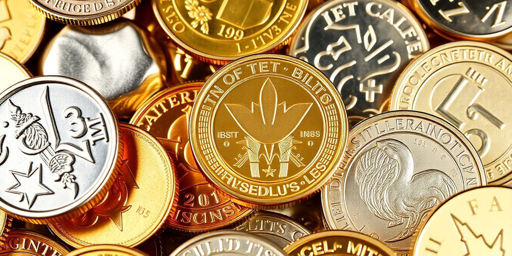 Pièces d'or et métaux précieux en gros plan.
