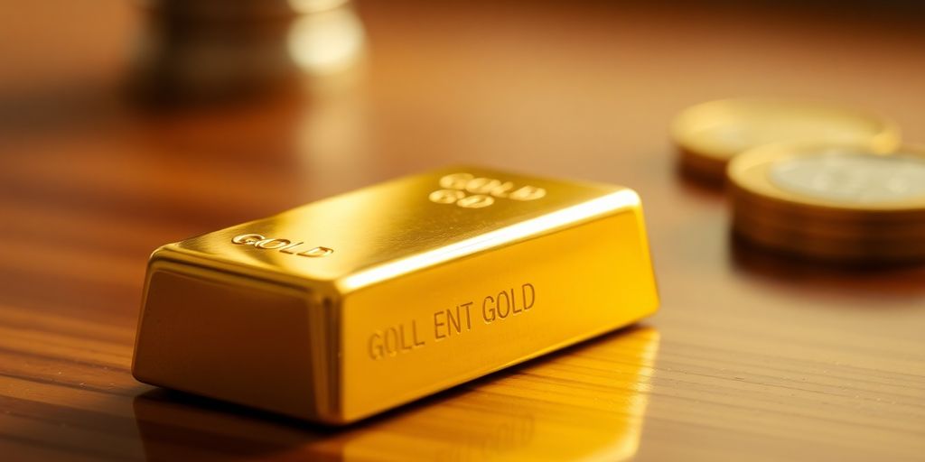 Lingot d’or sur une surface en bois poli.