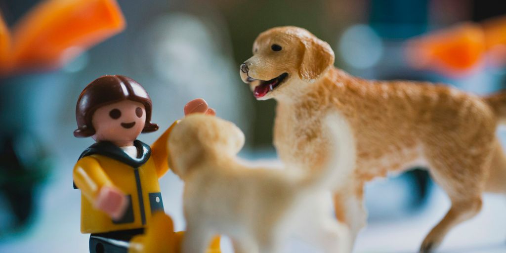 brown dog and yellow dog plastic toys
