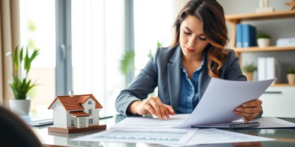 Person reviewing paperwork in a bright office environment.