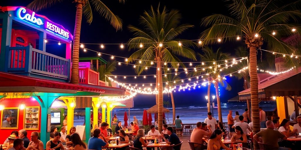 Restaurantes coloridos con asientos al aire libre en Cabo México.