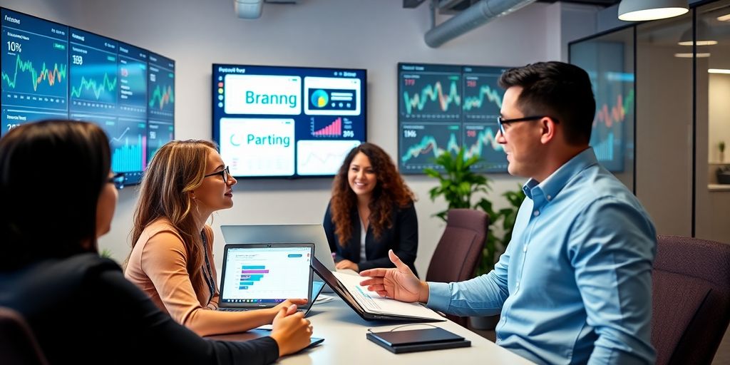 Profissionais de marketing digital em ambiente moderno.