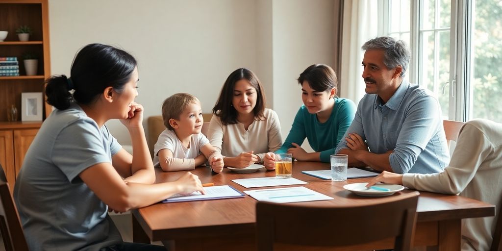 Family discussing health insurance options at a table.