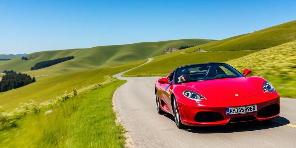 Voiture de sport rouge sur route de campagne en Alsace.