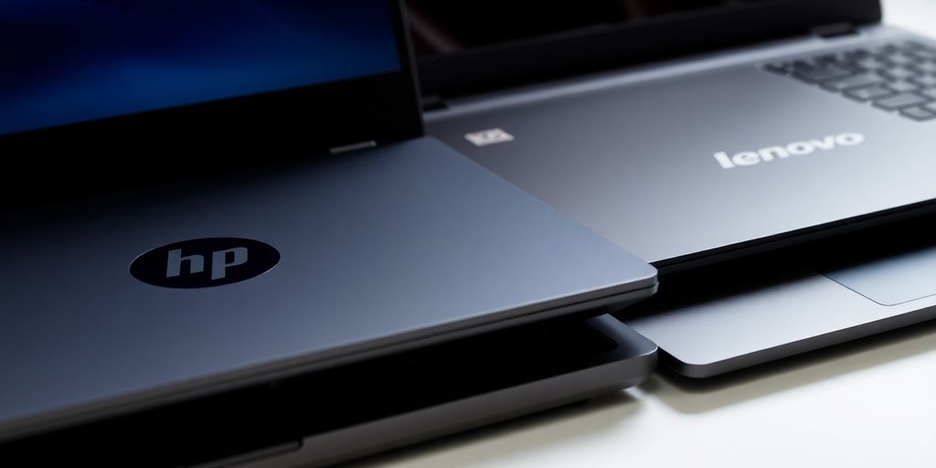 صورة لجهازي لاب توب HP و Lenovo بجانب بعضهما