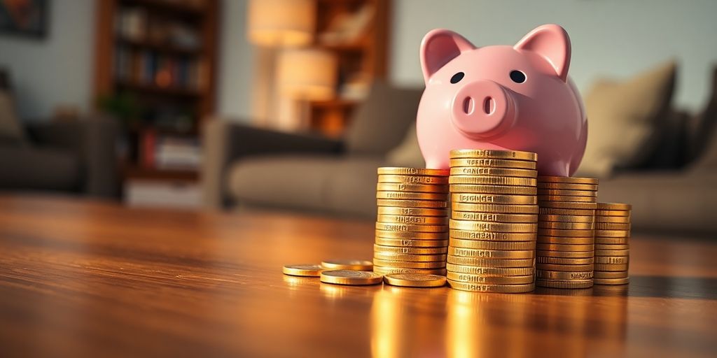Pièces de monnaie et une tirelire cochon souriante.
