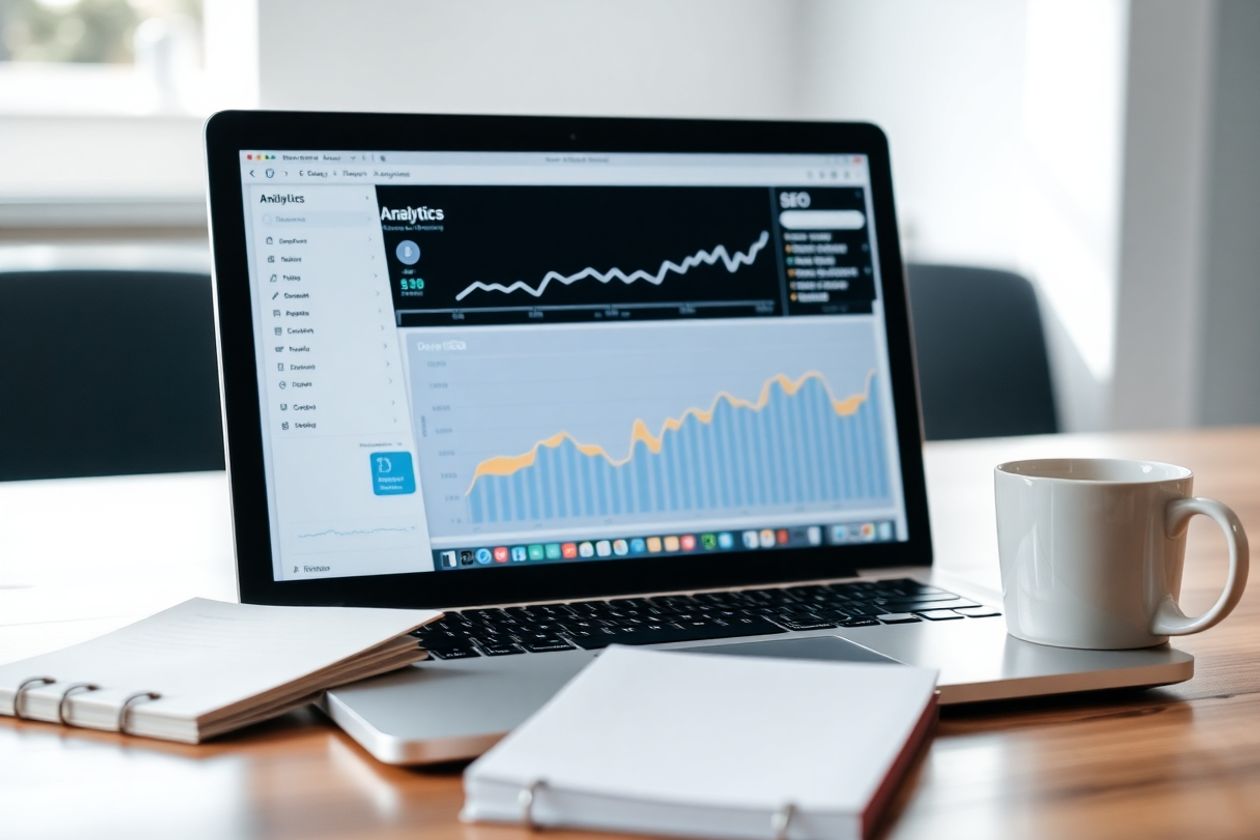 Ordinateur portable avec tableau de bord d'analyse SEO.
