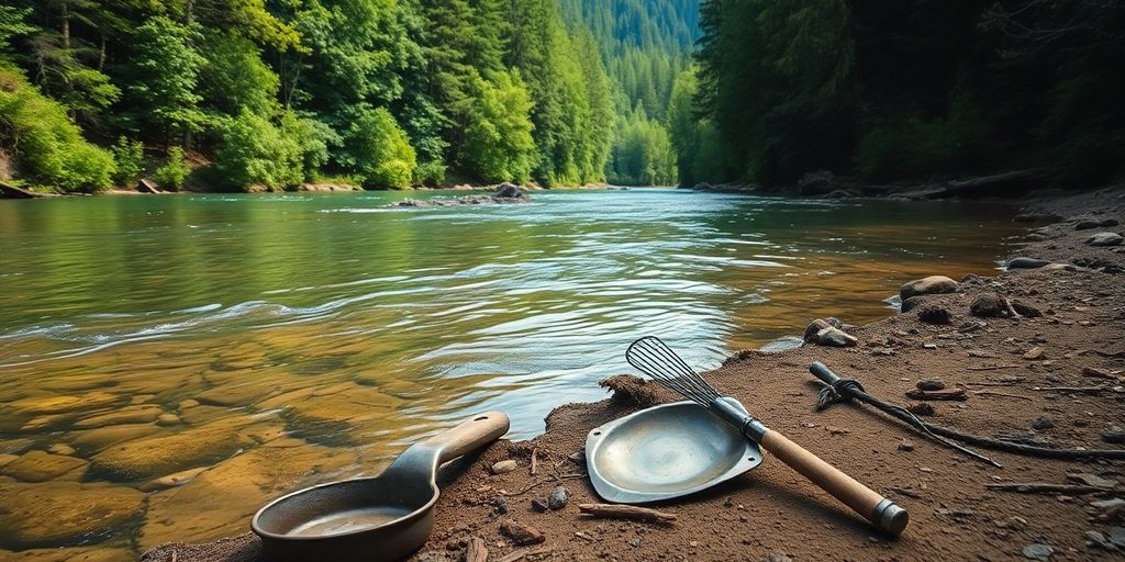 Une rivière traversant une forêt, avec des outils de prospection posés sur la rive.
