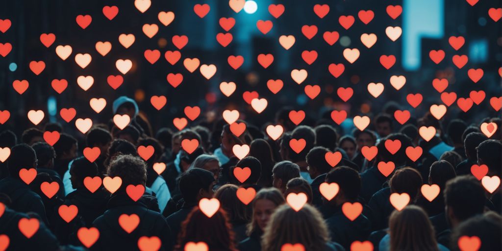 Diverse group connected by hearts and social media icons.