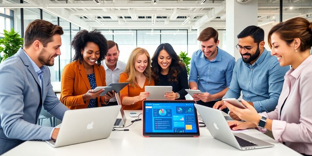 Diverse professionals working with technology in a modern office.