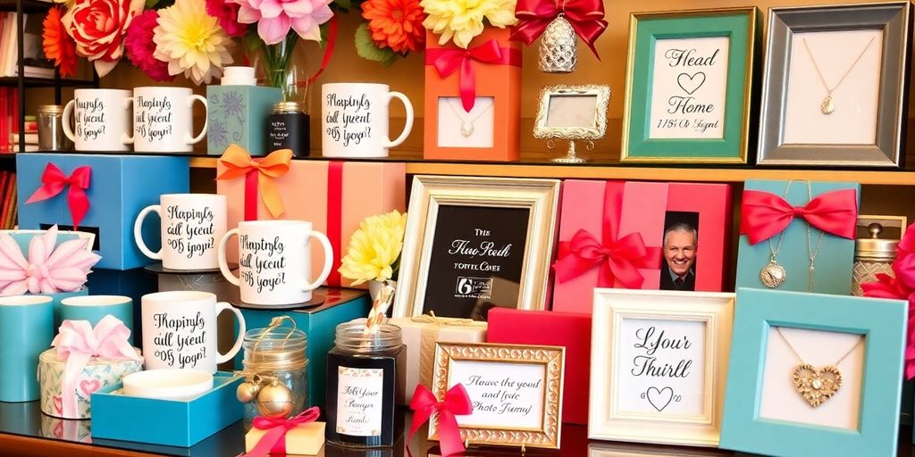 Personalized gifts arranged creatively on a wooden surface.