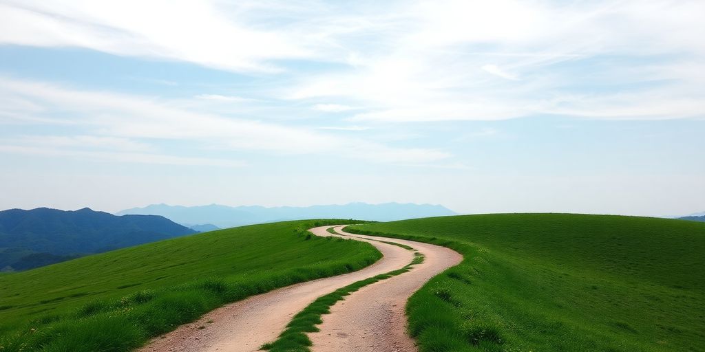 Krajina s cestou a horami v pozadí.