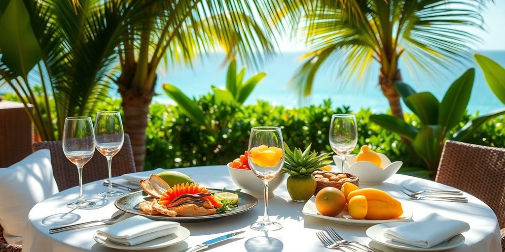 Dining table with seafood and tropical fruits in Cabo.