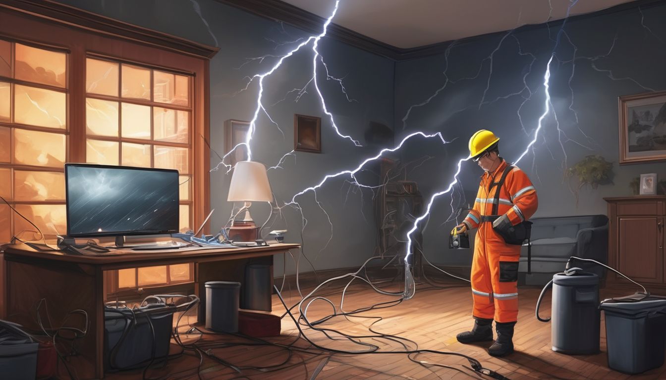 person practicing electrical safety indoors with lightning in the background