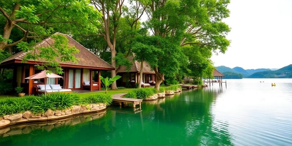 Boutique resort in Thailand with lush greenery and bungalows.