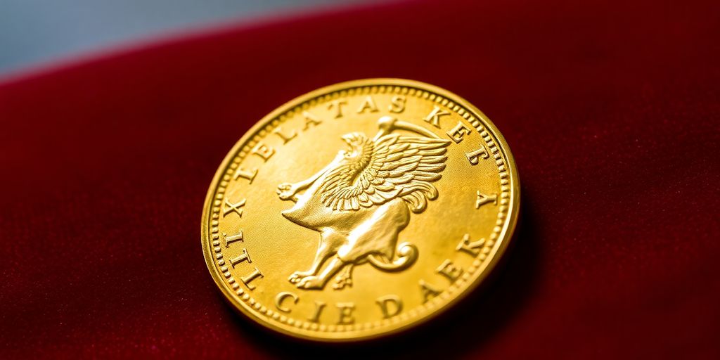 Monnaie Napoléon en or sur un fond en velours.