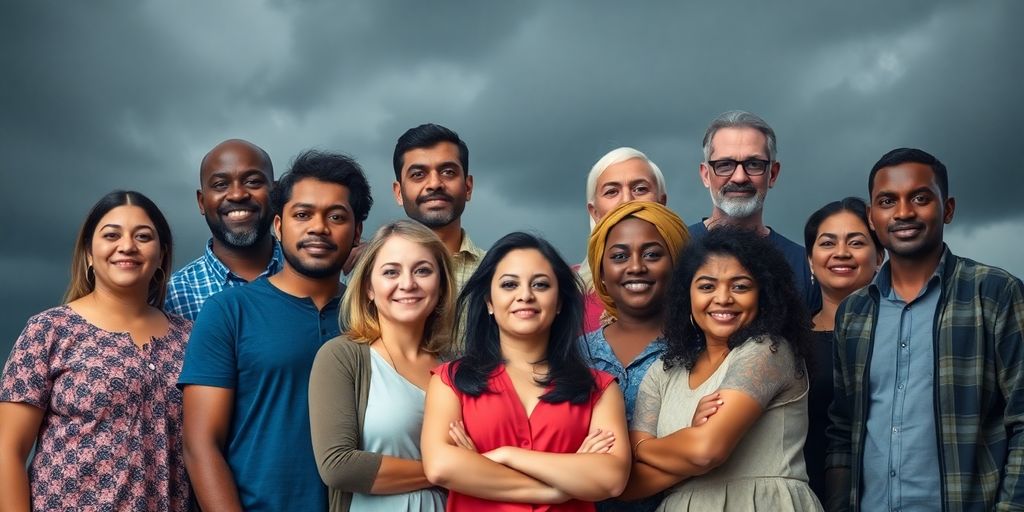 Diverse community standing united against dark clouds.