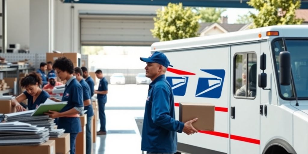 Postal workers sort mail, deliver packages.