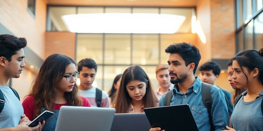 Students use laptops near a school building.