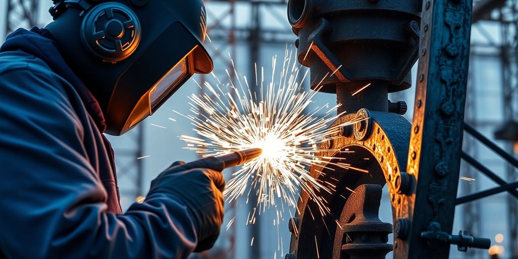 Welder working on large metal structure, sparks flying.