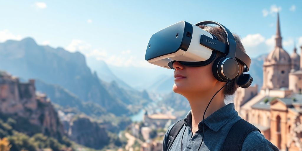 Person using VR headset in a virtual travel landscape.