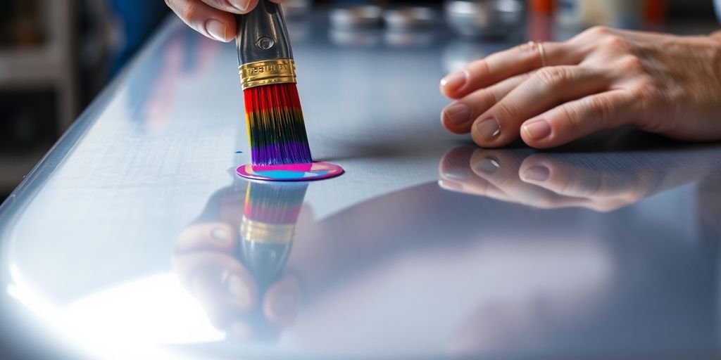Painter applying paint on anodized aluminum surface close-up.