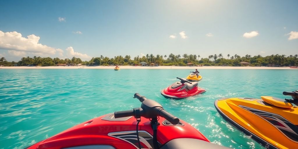 Jet skis on water near Florida coastline.