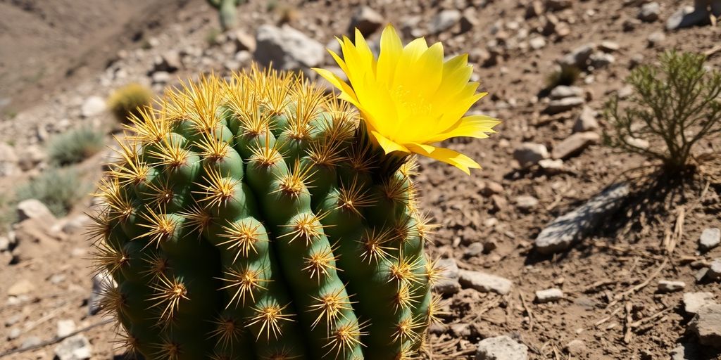 Cactus, espinas doradas, flor amarilla, paisaje rocoso, sol.