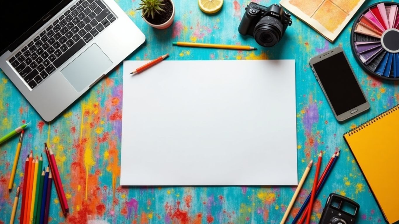 Creative tools in a colorful workspace for content creation.