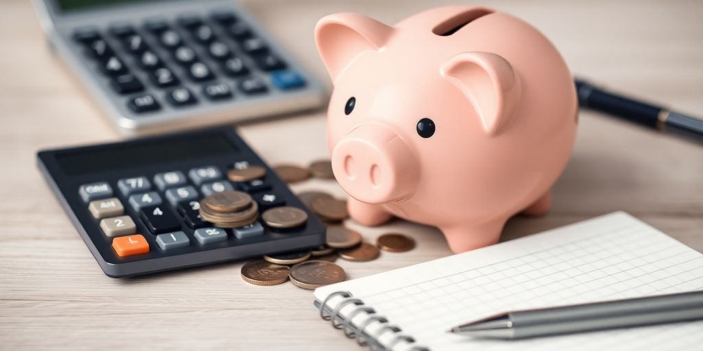 Piggy bank with coins and financial planning tools.
