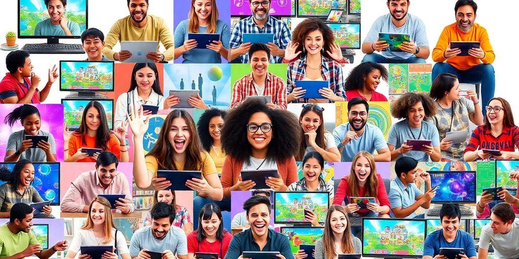 Joueurs s'amusant avec des jeux vidéo colorés.