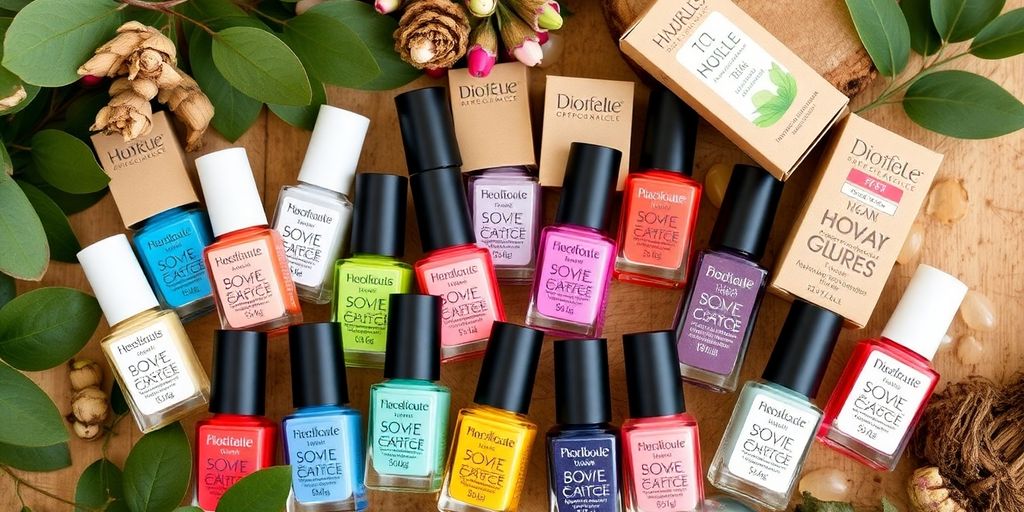 Vários esmaltes naturais em embalagens ecológicas.