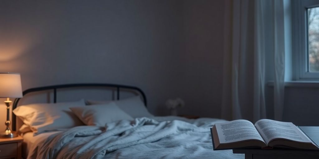 Cozy bedroom, warm light, open book.