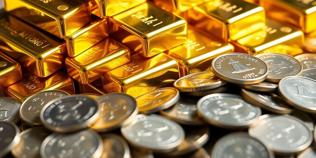 Une pile d'or à côté d'un tas de pièces d'argent.
