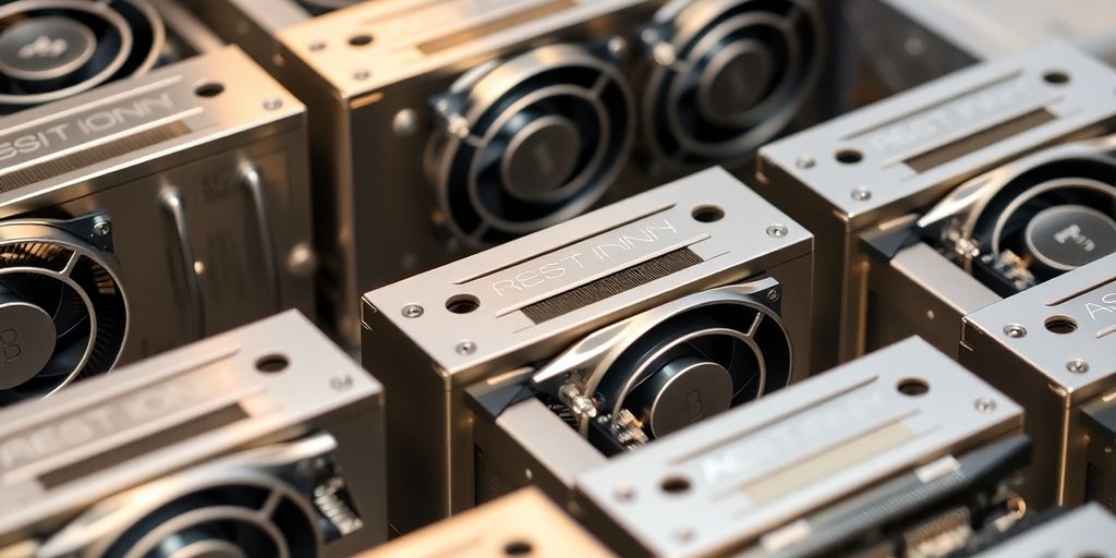 ASIC miner devices stacked and gleaming.
