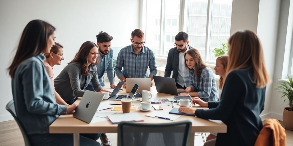Entrepreneurs collaborating in a bright, modern office space.