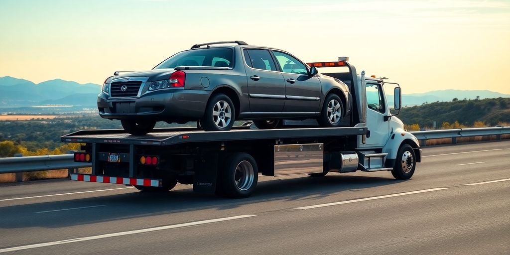 Flatbed tow truck carrying a vehicle on a highway.