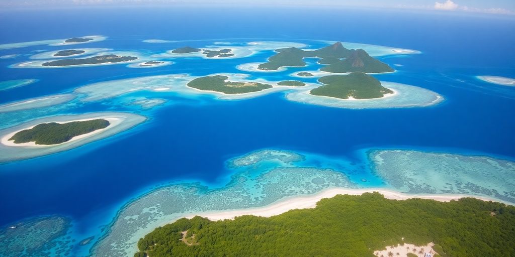 Vue aérienne des îles de l'archipel des Tuamotu.