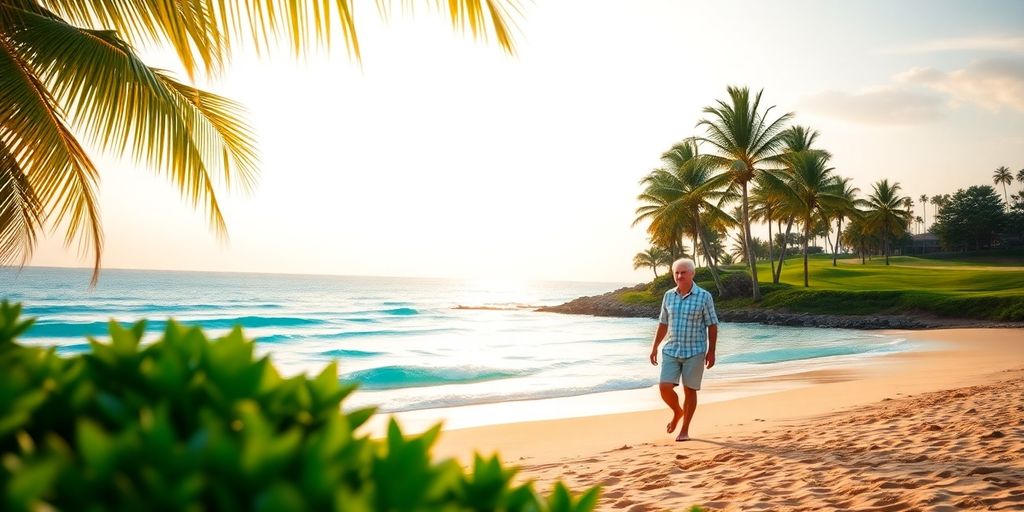Older couple walking barefoot on sunlit beach with palm trees.