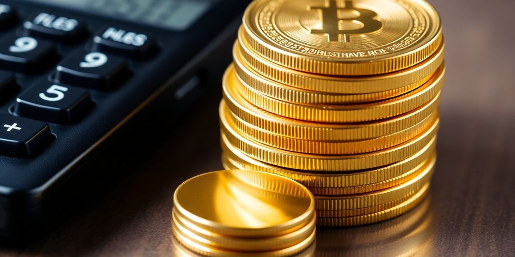 Pièces d'or empilées, calculatrice