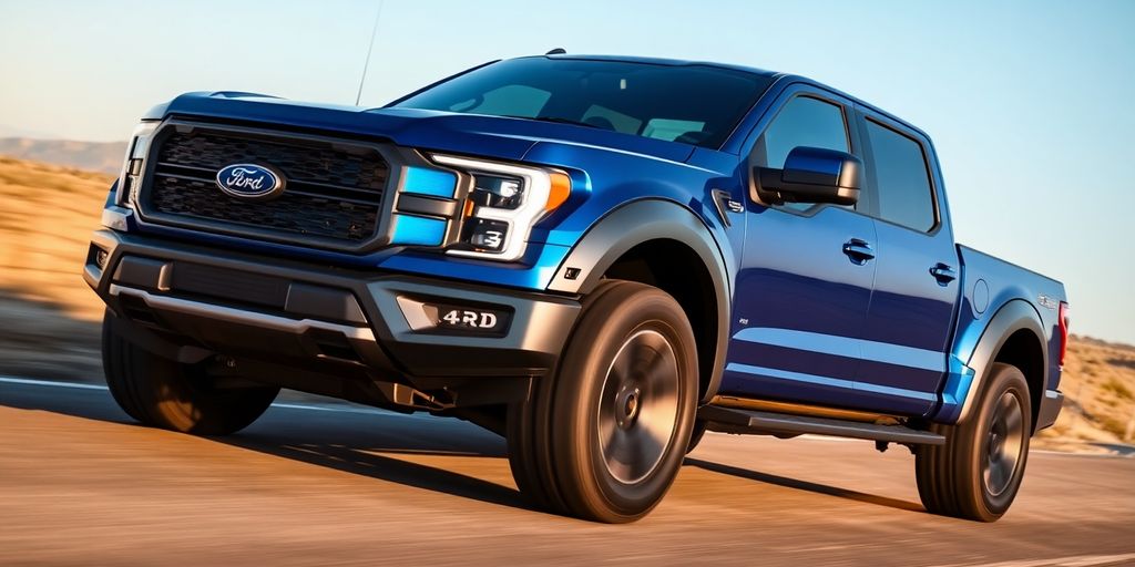 Ford T3 EV pickup truck driving on an open road.