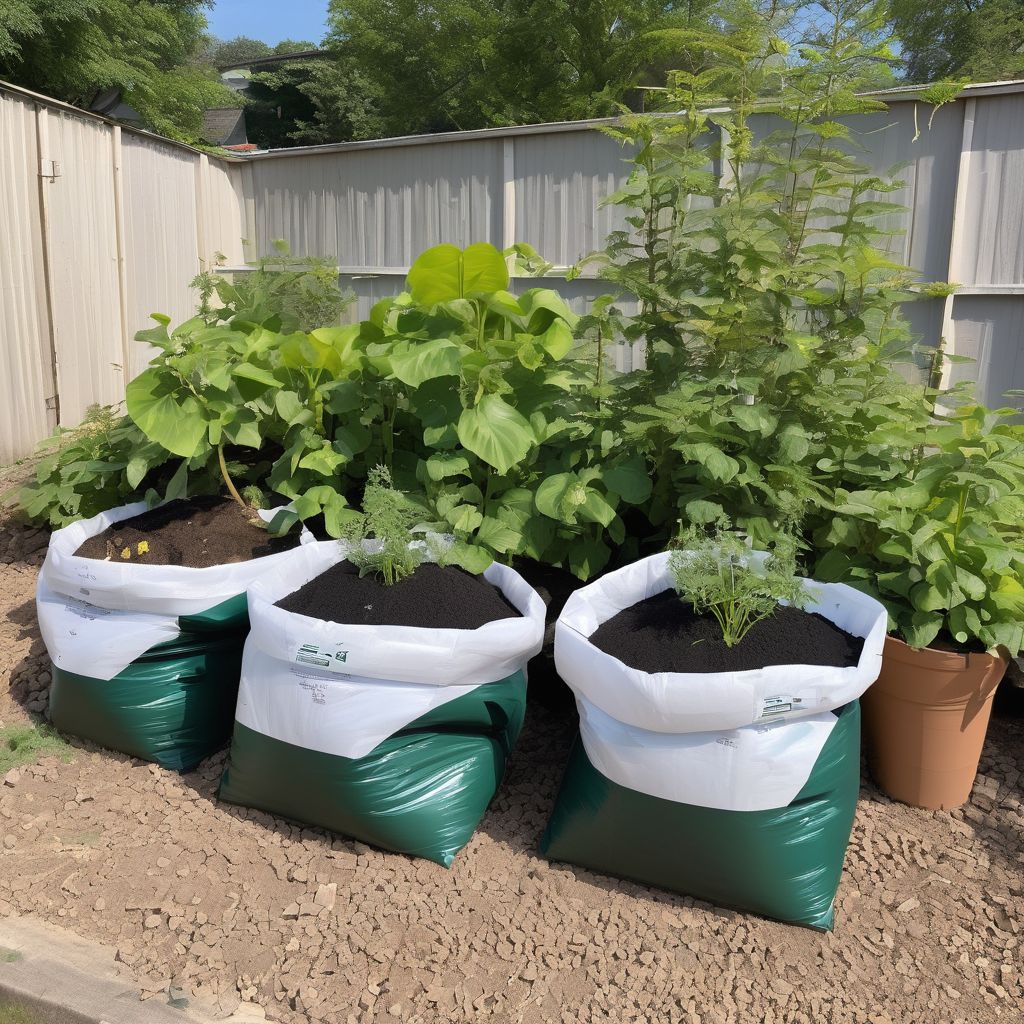 garden with various plants and fertilizer bags showing NPK ratios