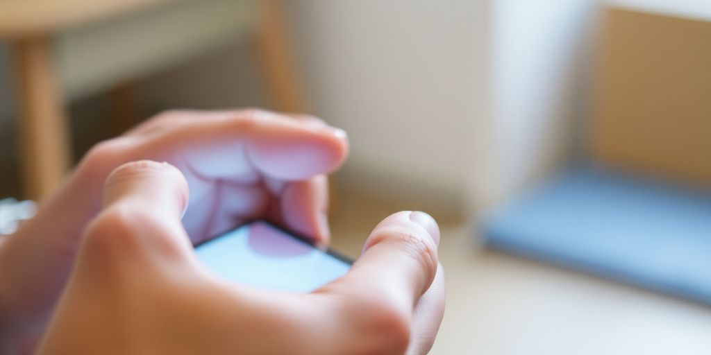 Person holding phone, looking at screen.