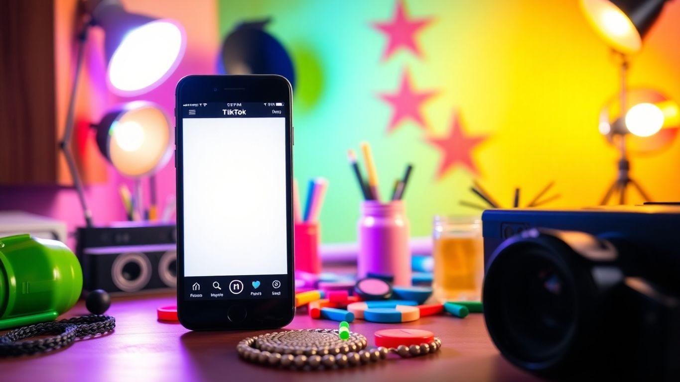 Smartphone with colorful props in a creative workspace.