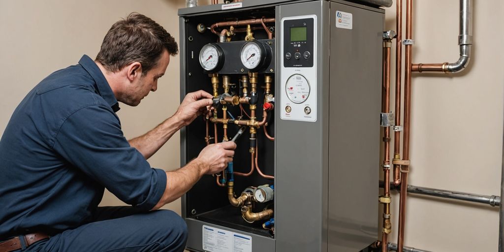 Technician installing a modern boiler