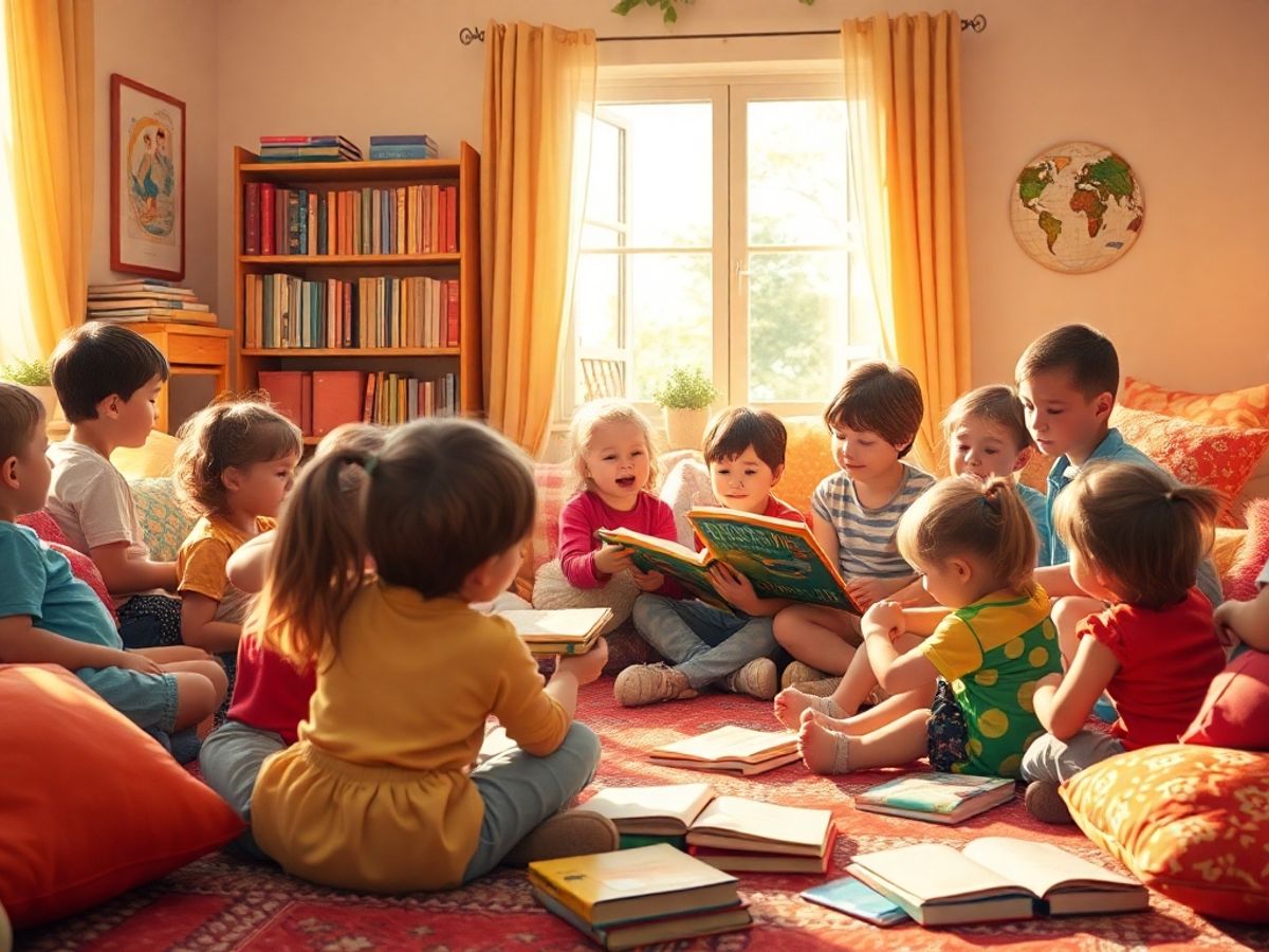 Copii ascultând o poveste în jurul unui povestitor.