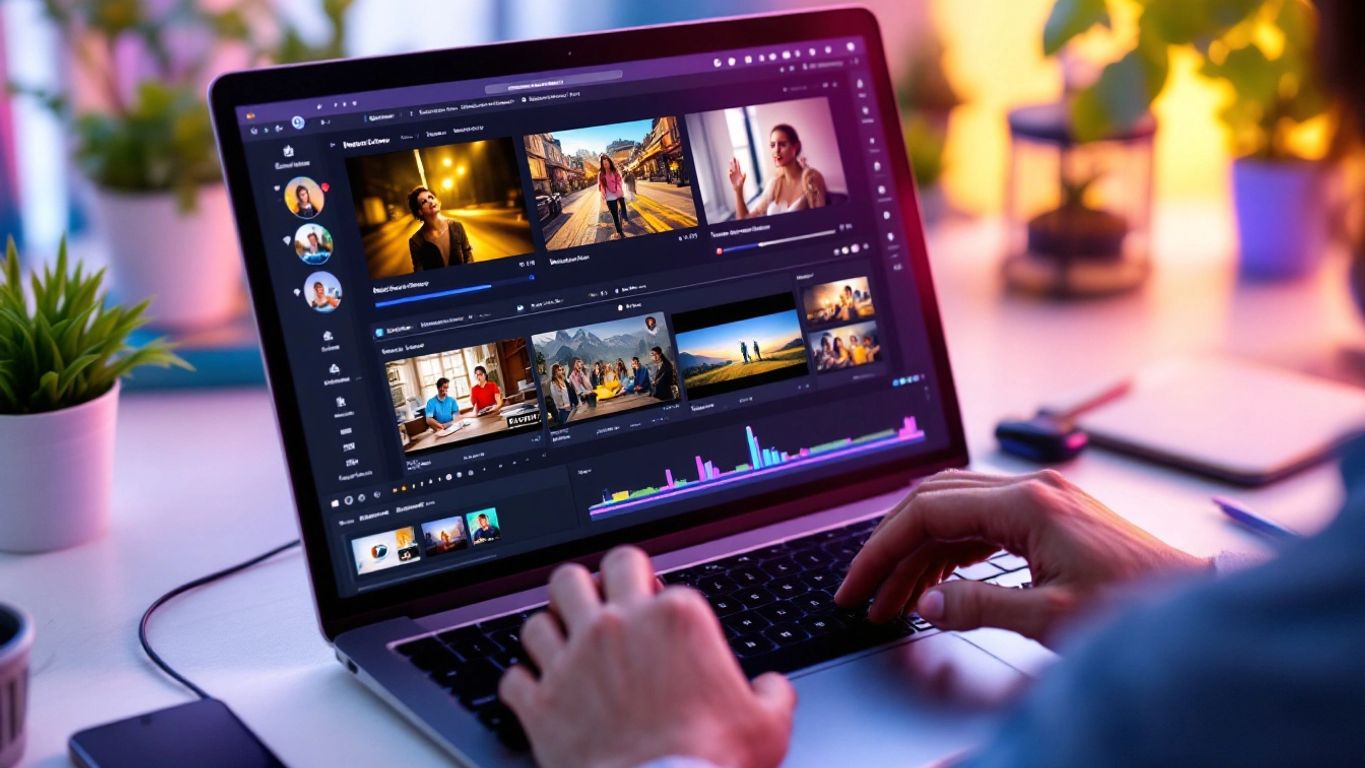 Person editing videos on a laptop for a channel.